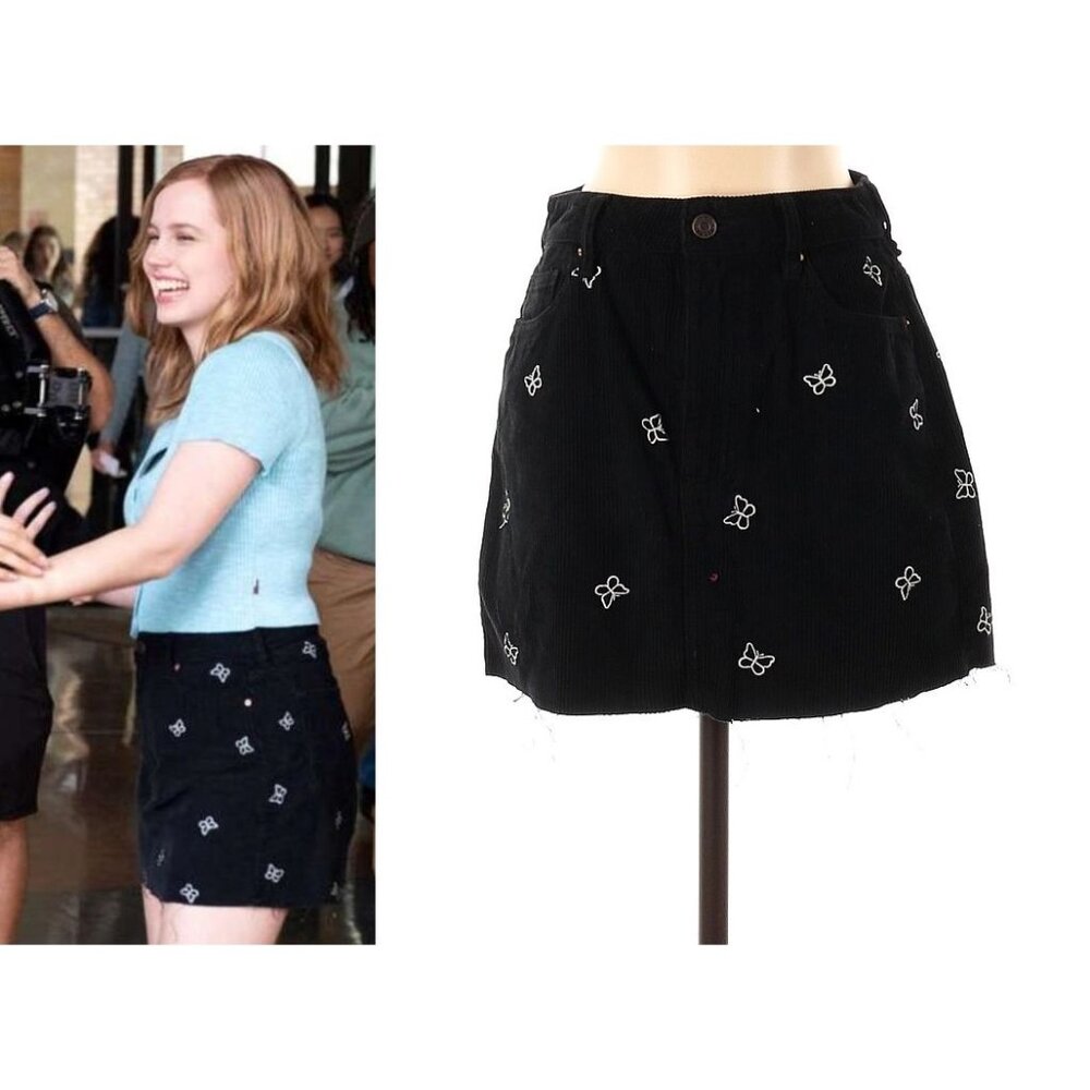 ASO MEAN GIRLS CADY HARRING Black Embroidered Butterfly Corduroy Skirt EUC